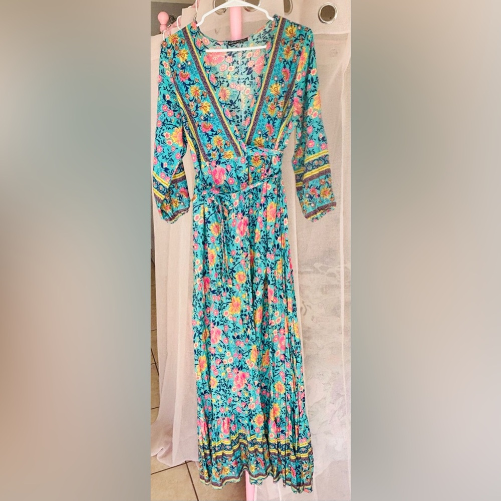 SHEIN Turquoise Floral Maxi Dress with Pink & Yellow Flowers